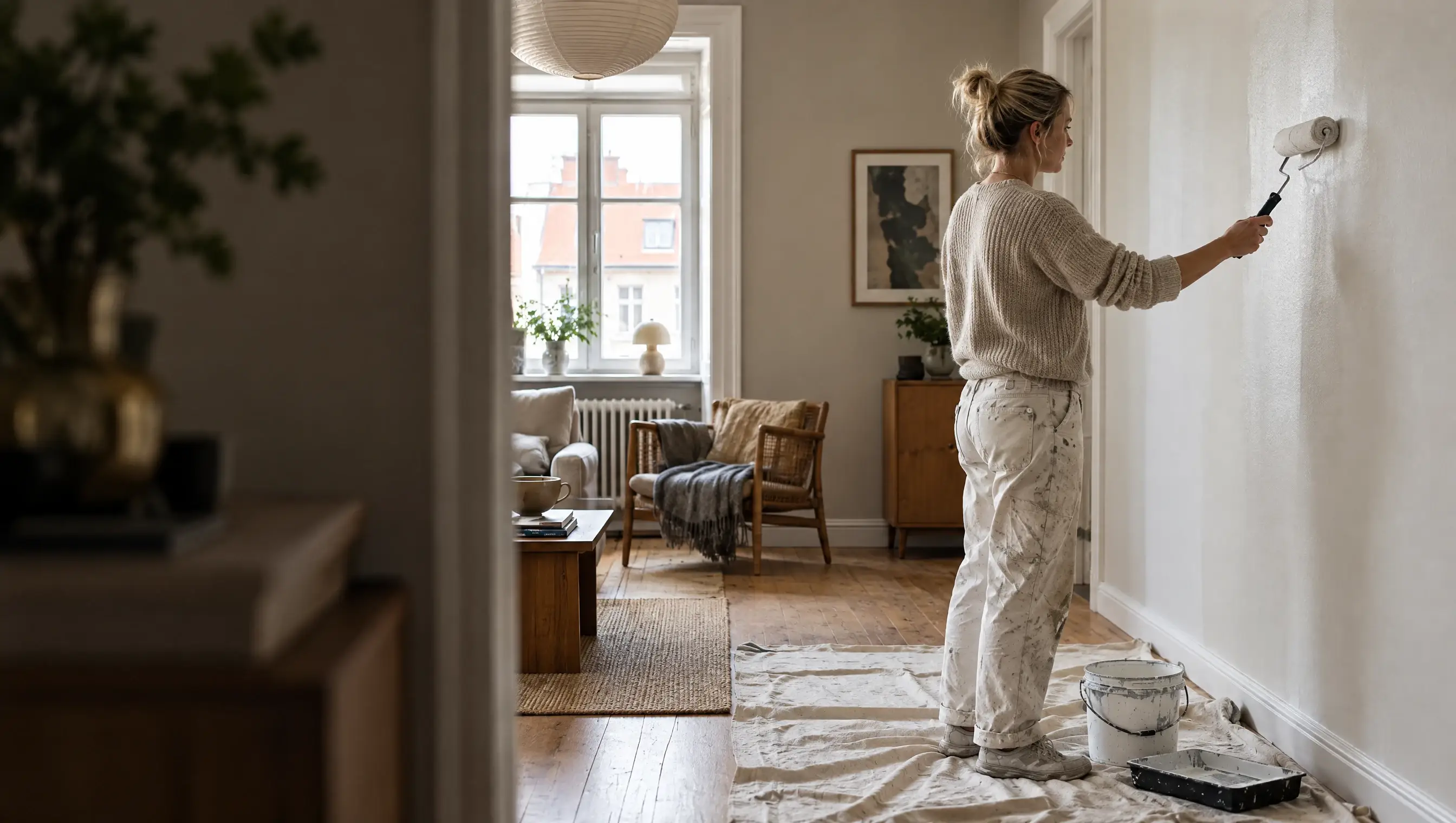 Maler ruller en væg