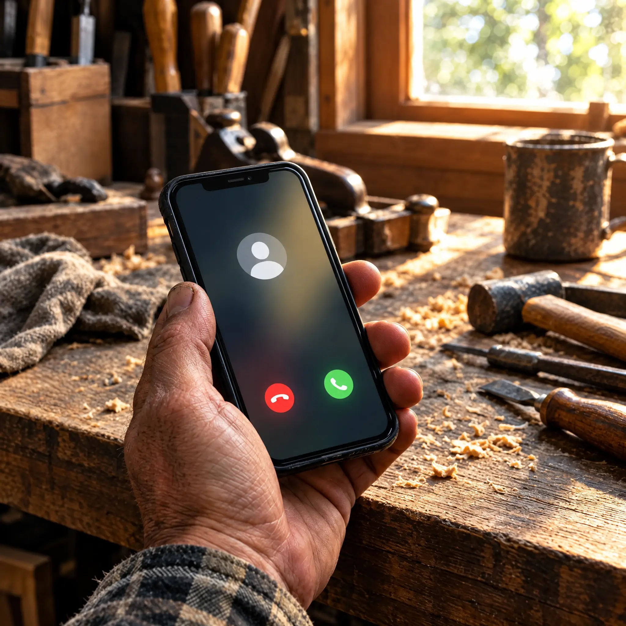 Håndværker med en telefon i hånden på værkstedet